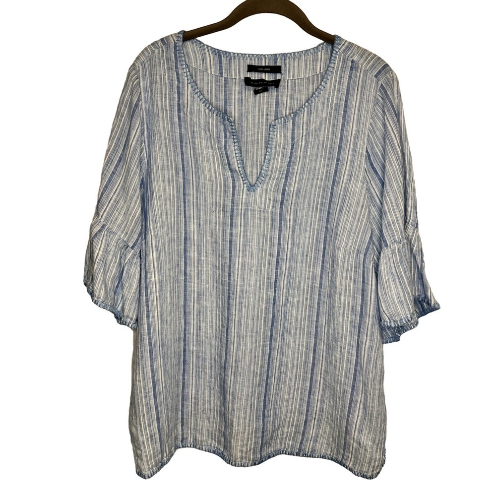 Tahari 100% Linen Blue Stripe Split Neck Tunic Top Ruffle Short Sleeves Small